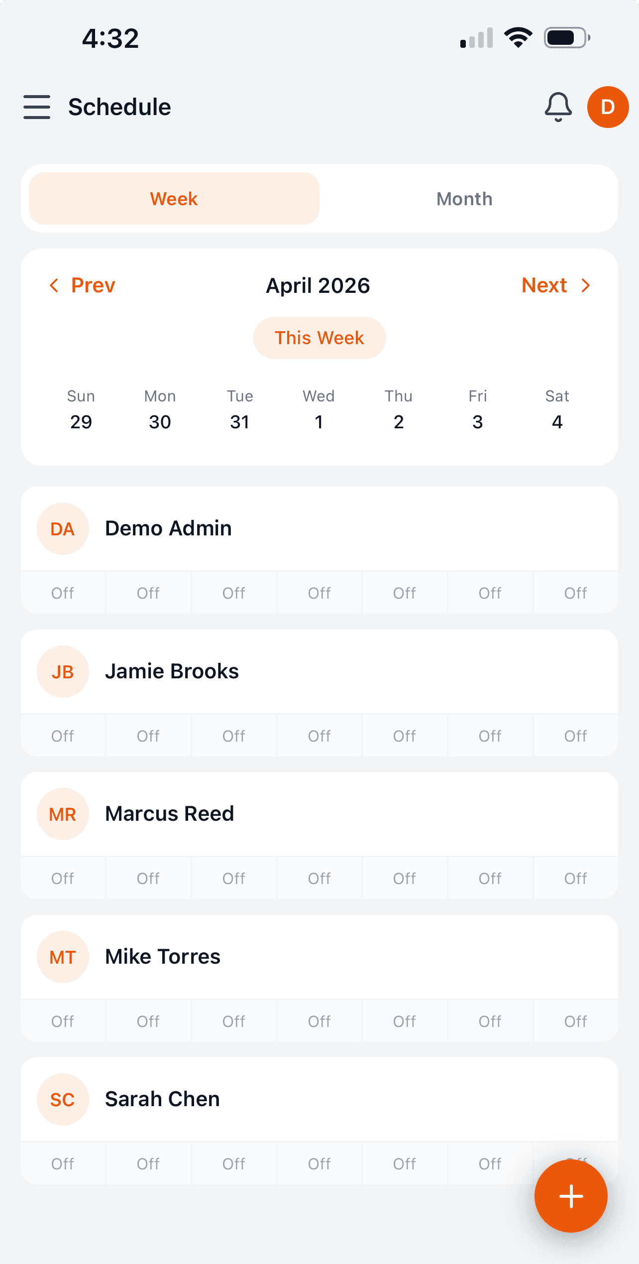 Team schedule