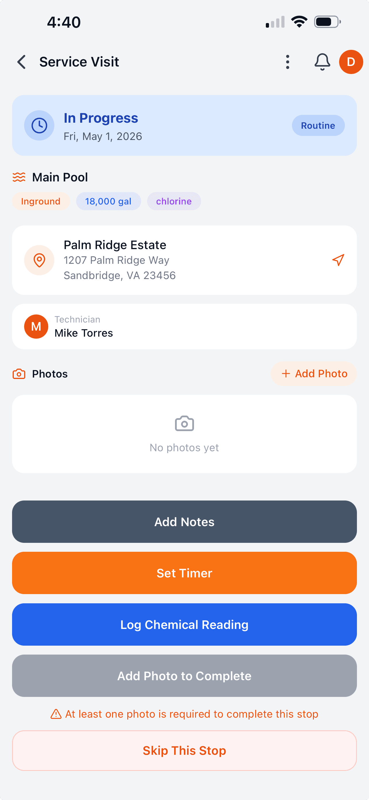 Service visit — log notes, timer, chemicals