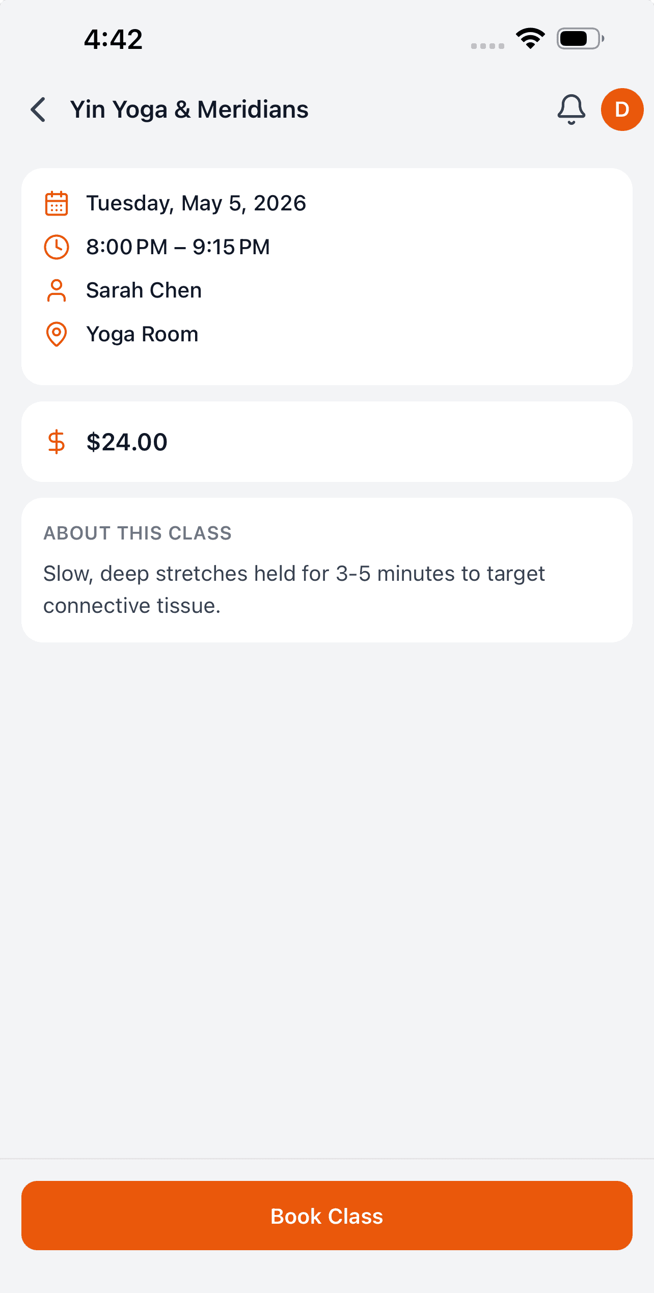Class detail with one-tap booking