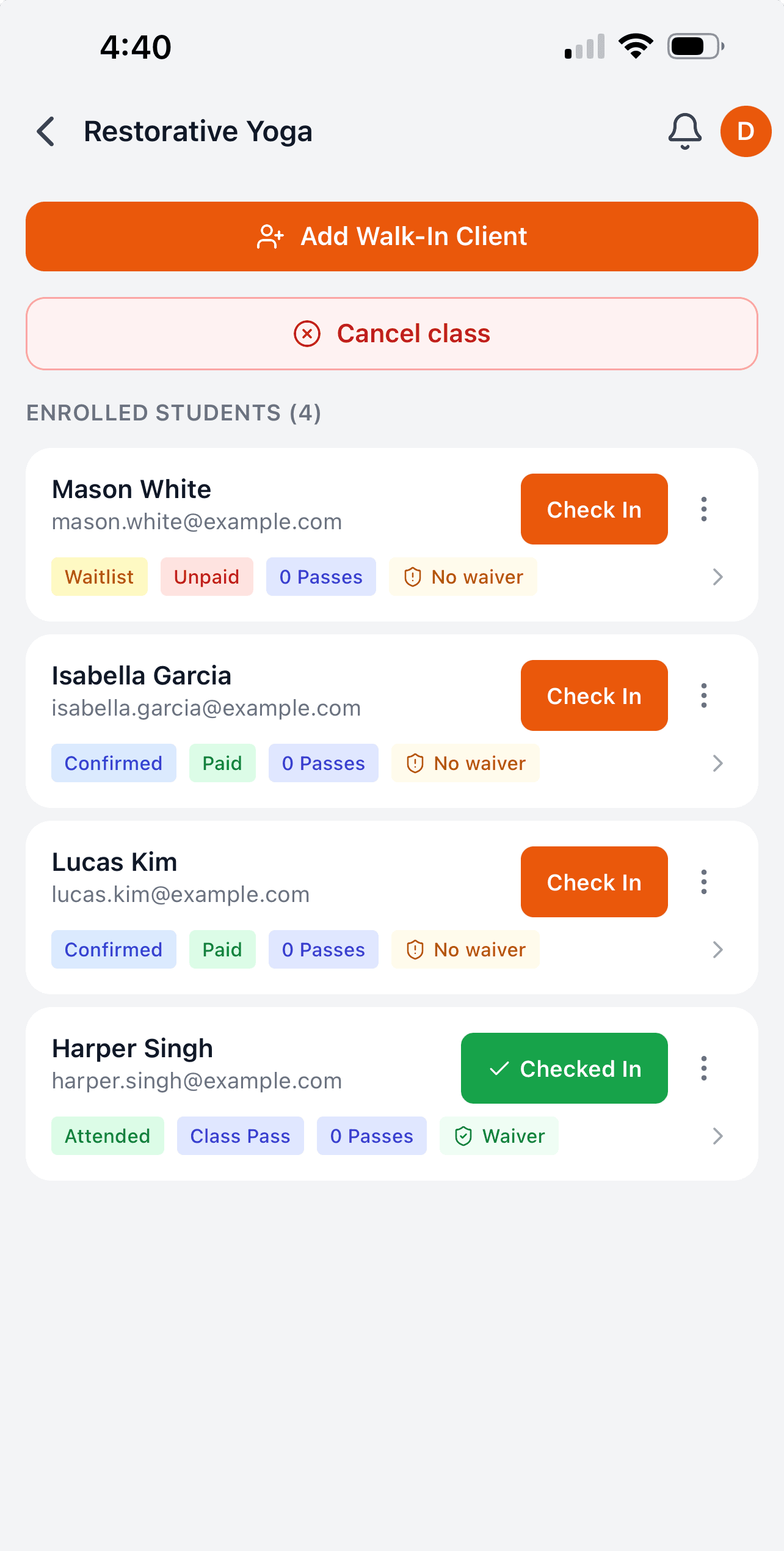 Class roster — check students in