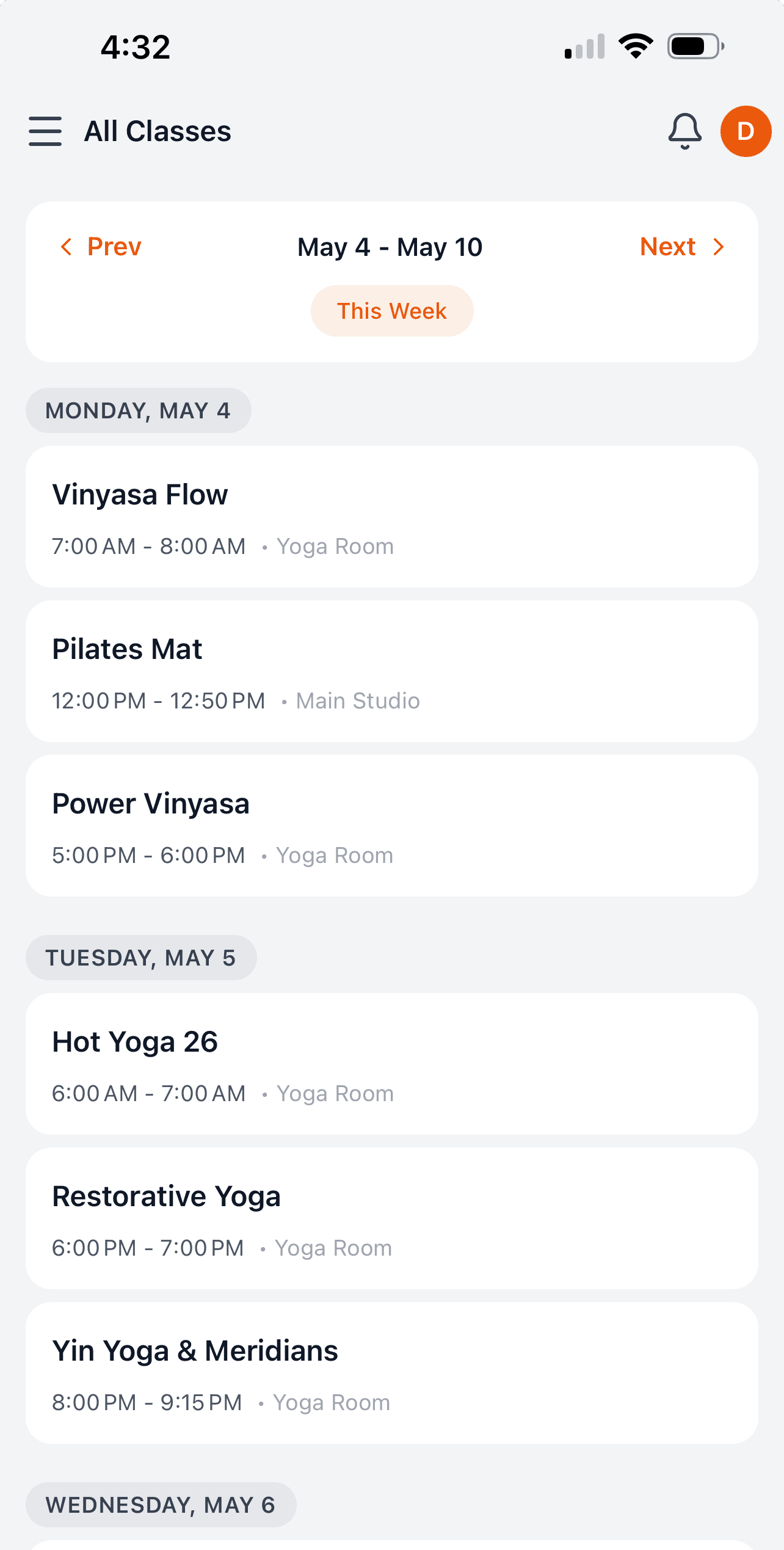 Browse the weekly class list