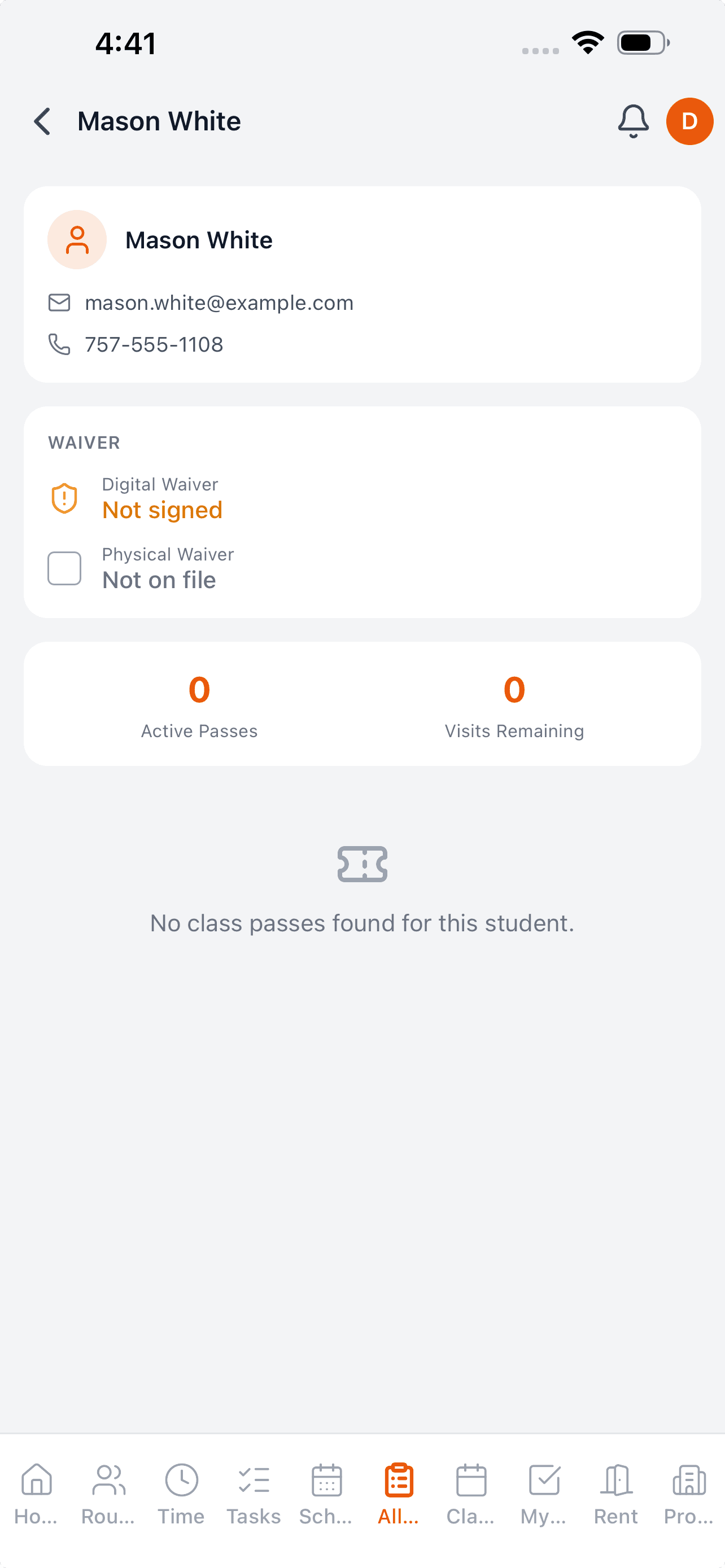 Client profile with waiver & passes